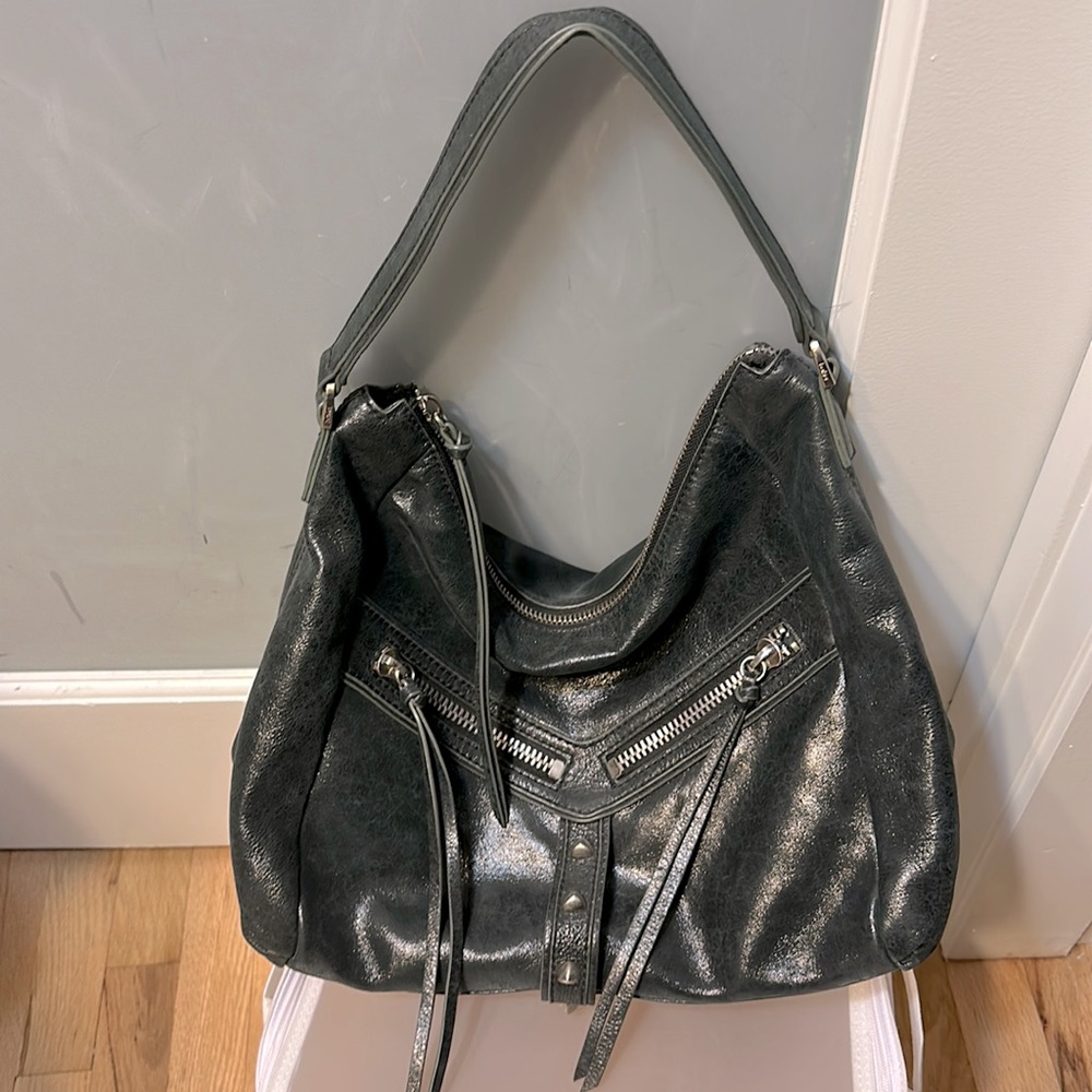NWOT BOTKIER METALLIC GRAY X-LARGE LEATHER HOBO SHOULDER BAG